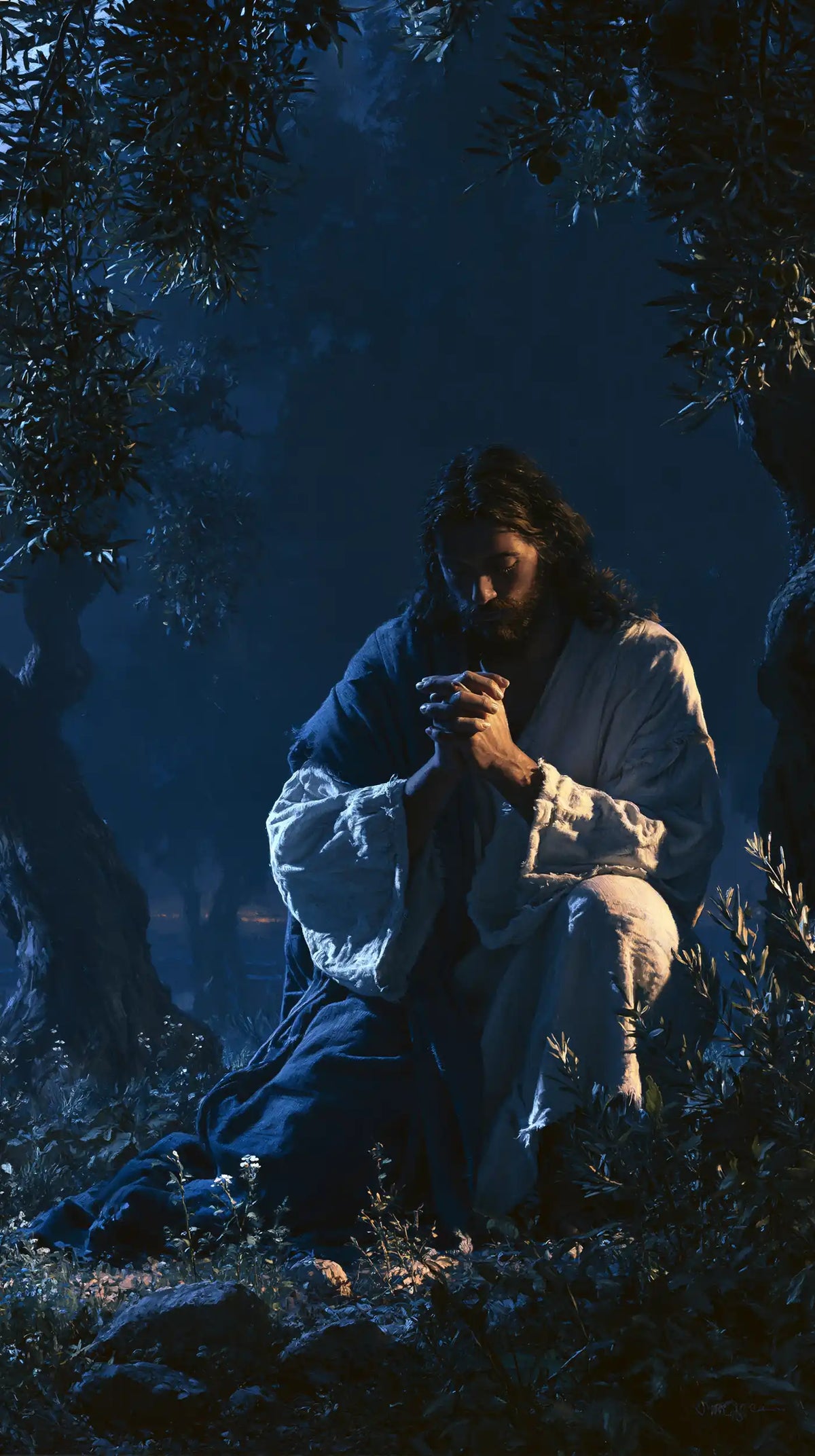 Jésus à Gethsémani — Les Mains réunies dans la profondeur bleue