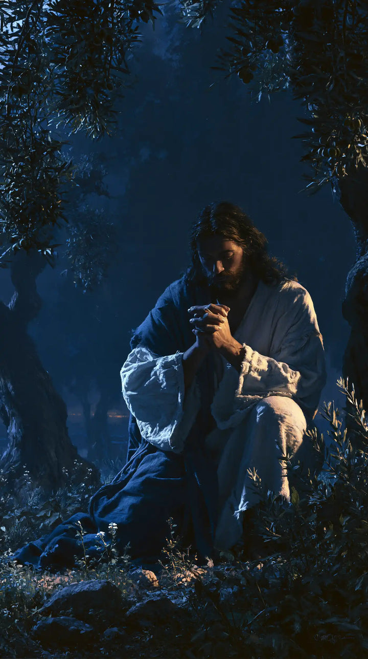 Jésus à Gethsémani — Les Mains réunies dans la profondeur bleue