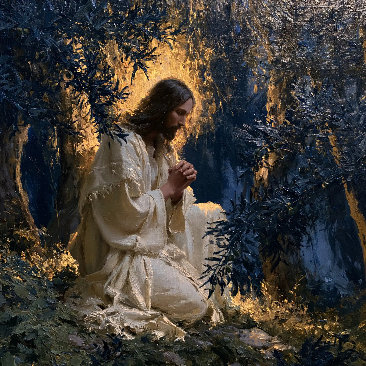 Jesus in Gethsemane - Gethsemane in Midnight Blue, Olive and Gold · Square n° 6