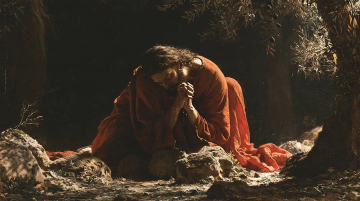 Jésus à Gethsémani — Le Manteau rouge contre la pierre
