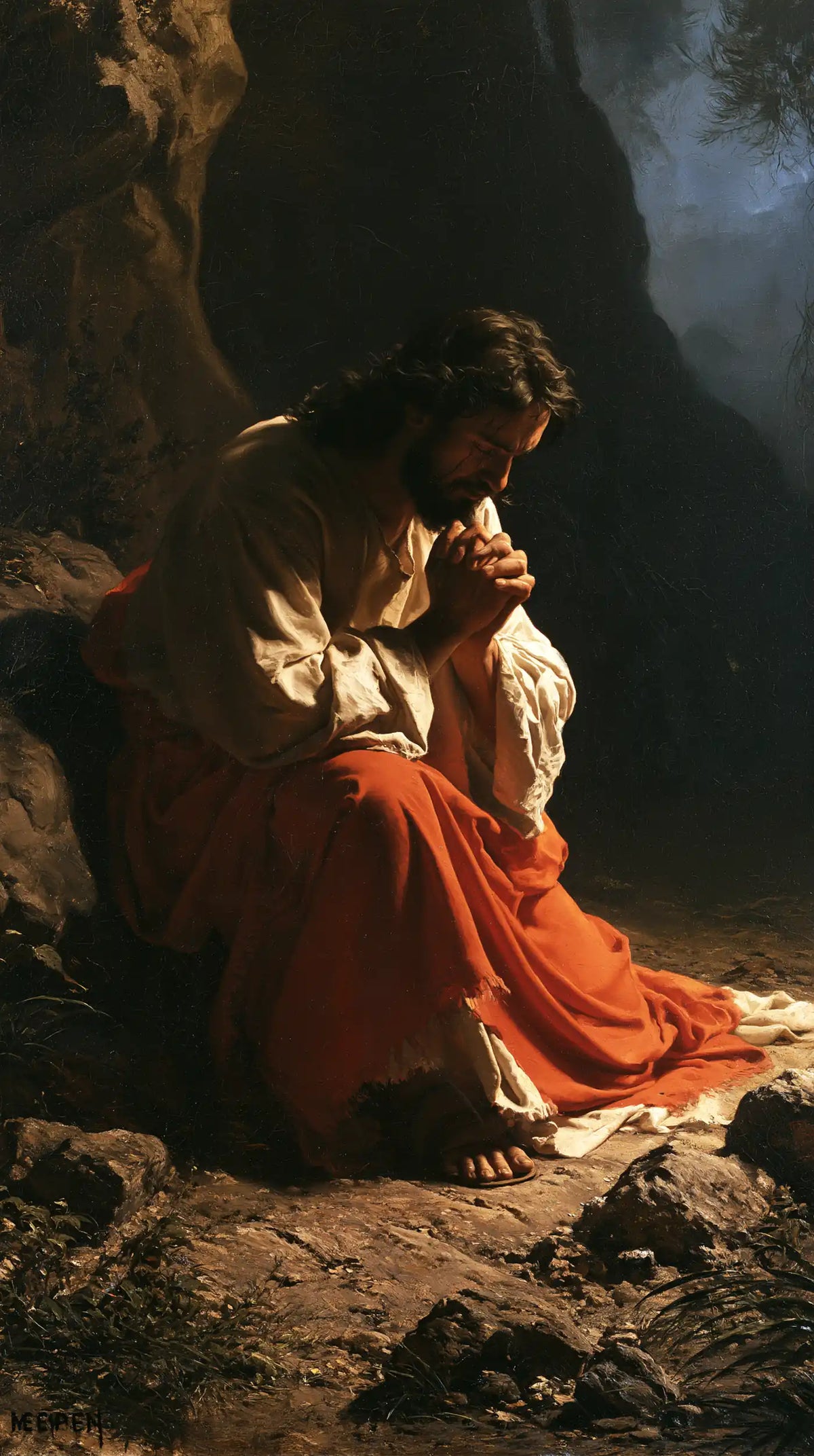 Jésus à Gethsémani — Le Rouge contre l’ombre du rocher