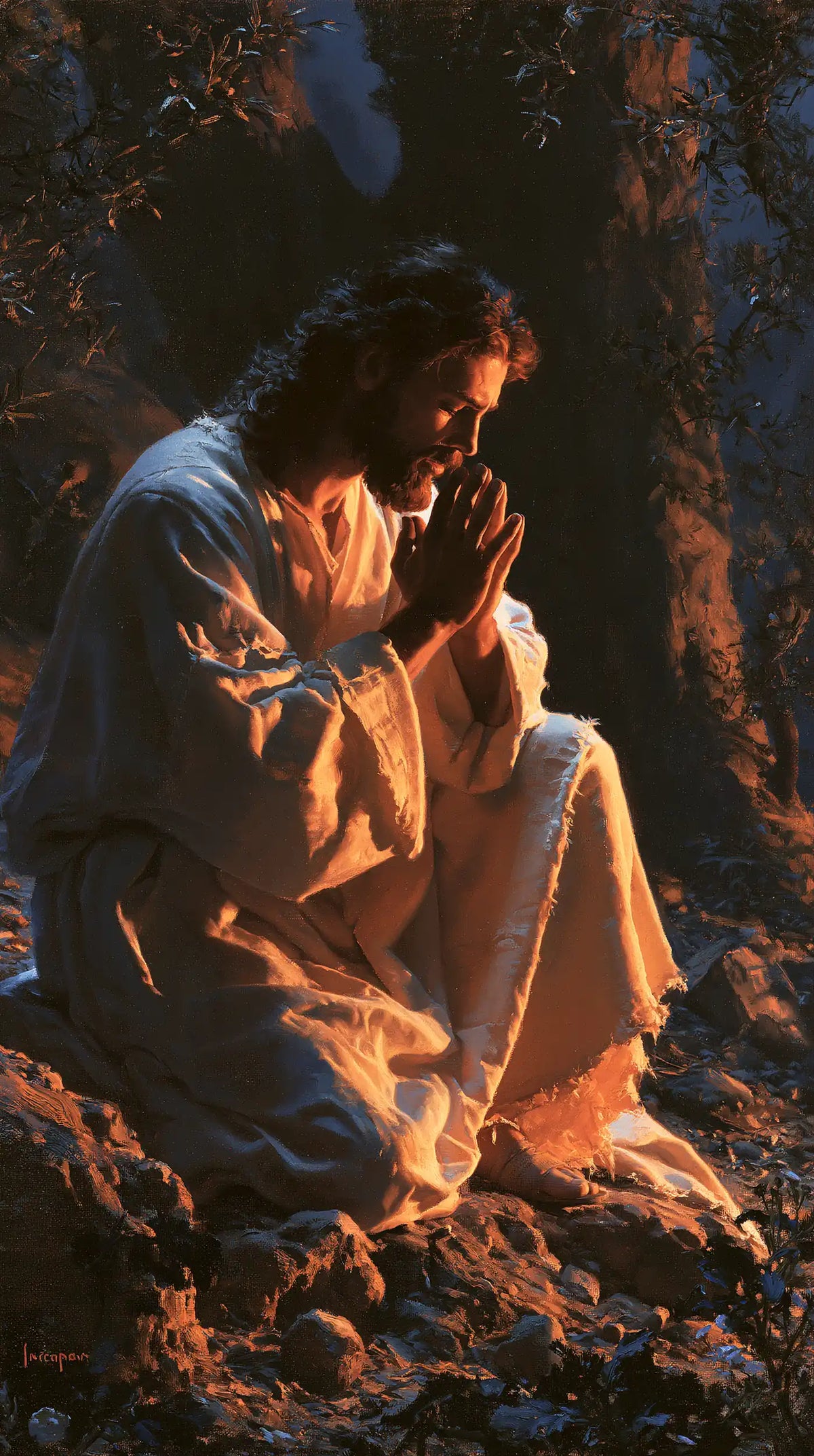 Jésus à Gethsémani — Les Mains dans la lumière cuivrée