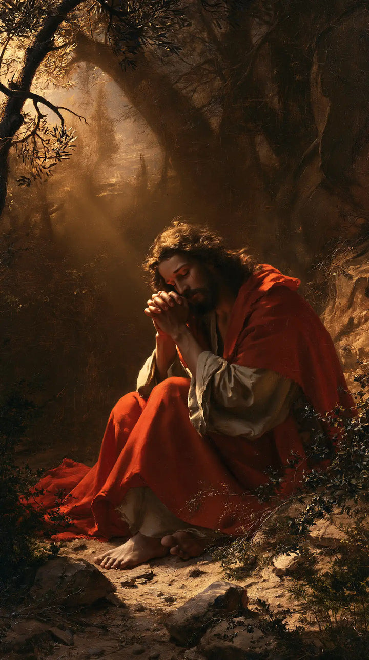 Jésus à Gethsémani — Le Manteau écarlate sous le jour voilé