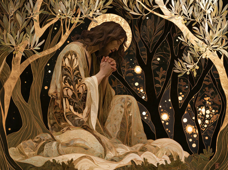 Jésus à Gethsémani — La Prière brodée de feuilles claires