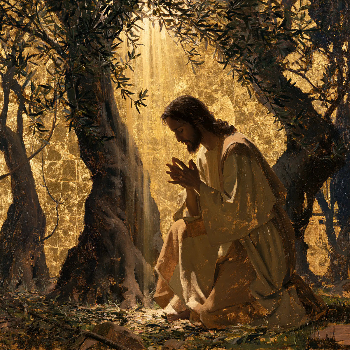 Jésus à Gethsémani — Les Paumes devant le rideau d’ambre