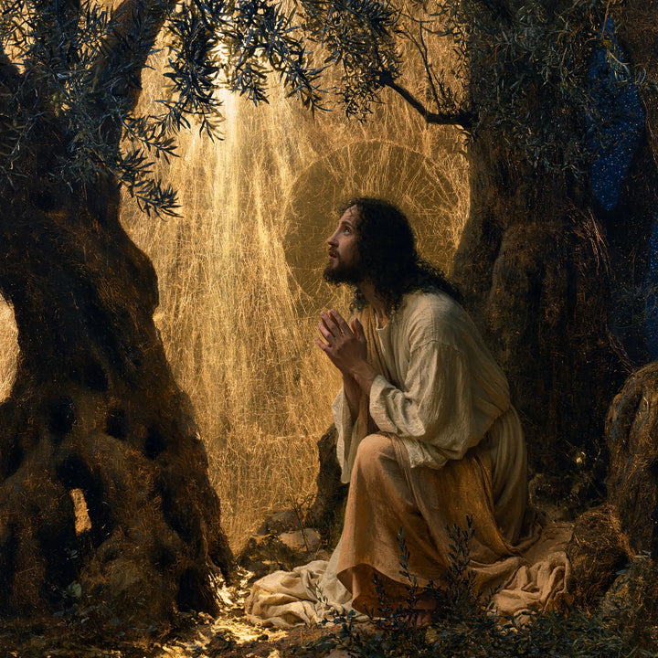 Jésus à Gethsémani — Le Regard devant le voile d’or vertical