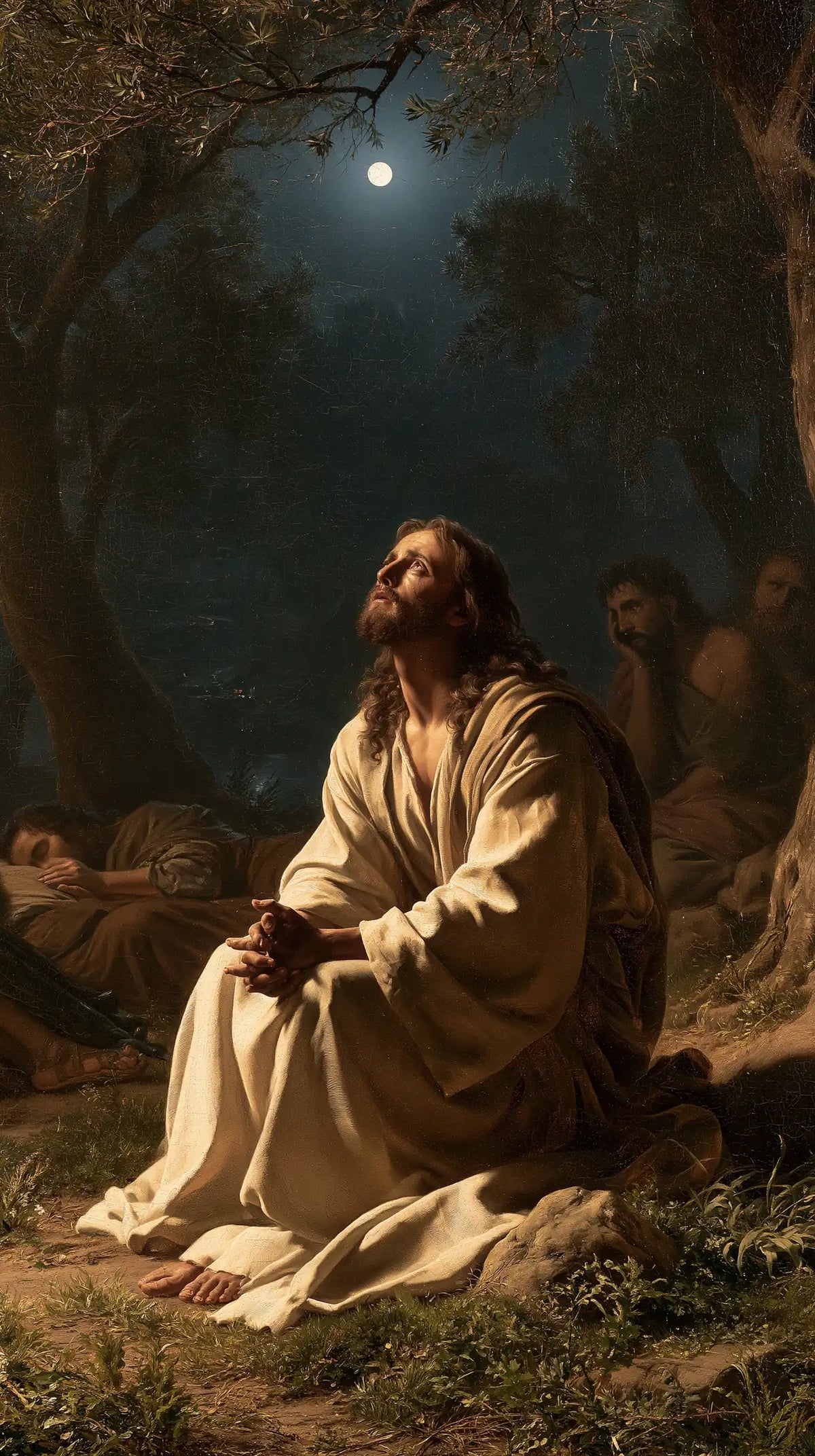 Jésus à Gethsémani — Les Mains calmes sous la lune discrète