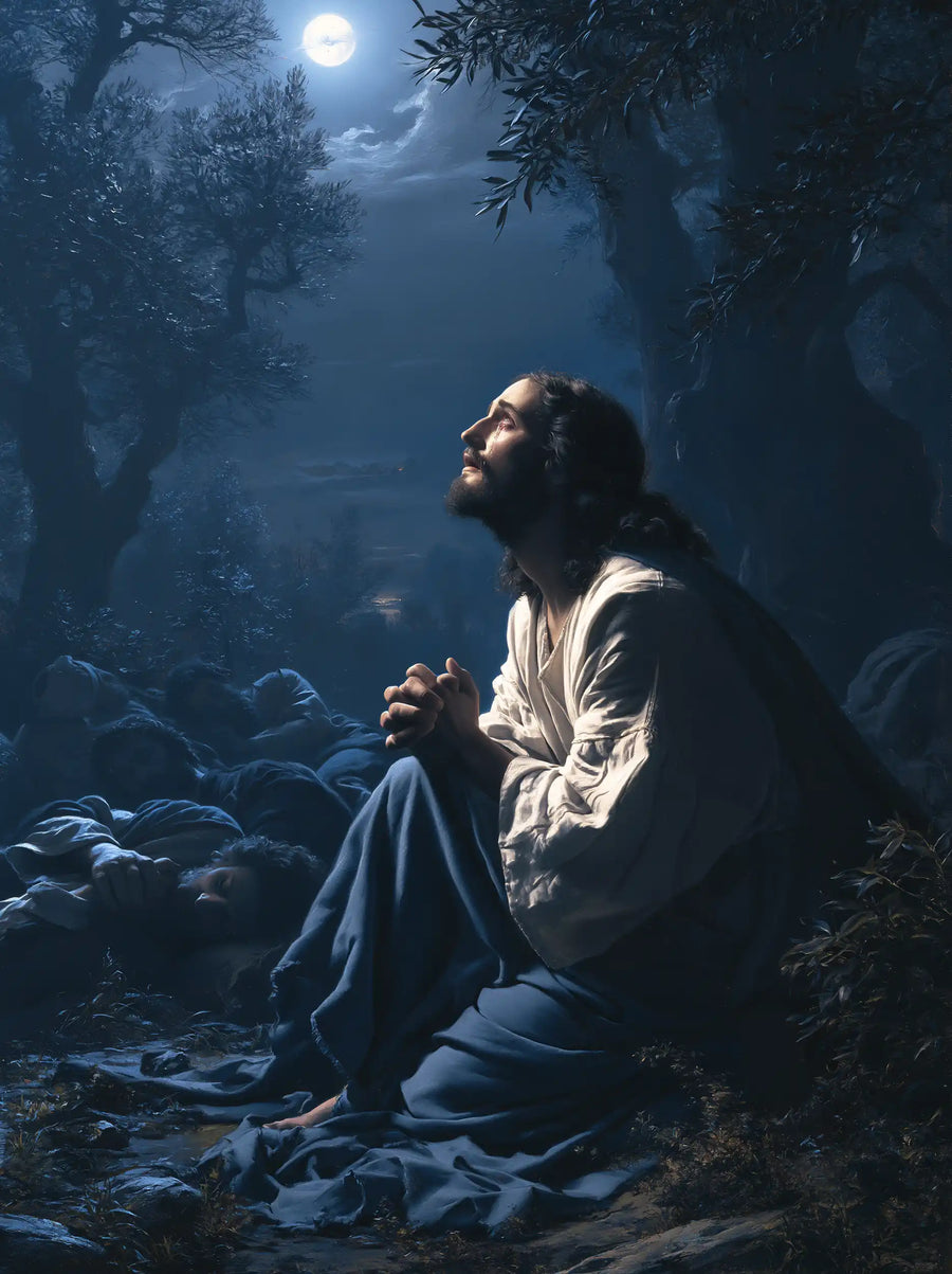 Jésus à Gethsémani — Le Regard au-dessus des draperies bleues