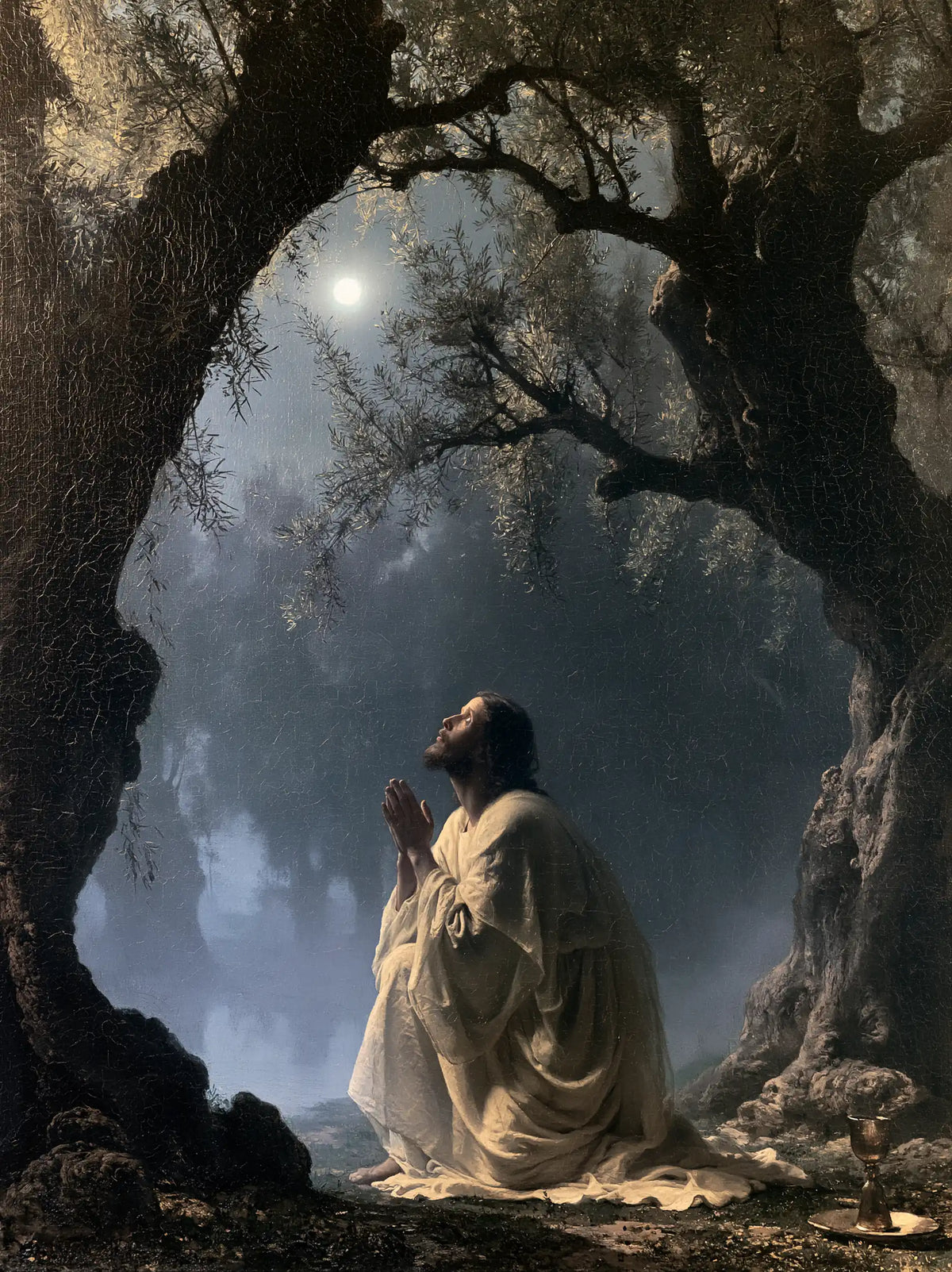 Jésus à Gethsémani — L’Oraison sous la lune de brume