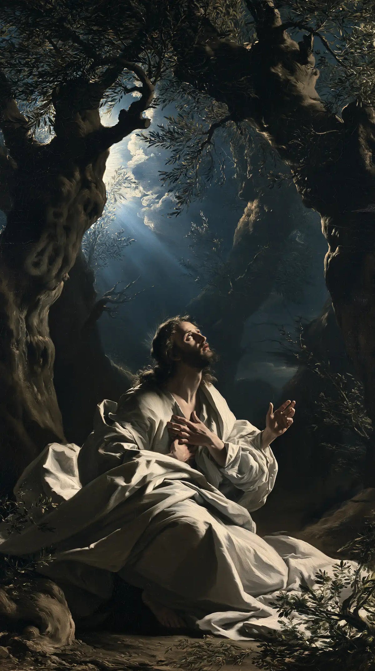 Jésus à Gethsémani — La Prière dans les plis d’argent sombre