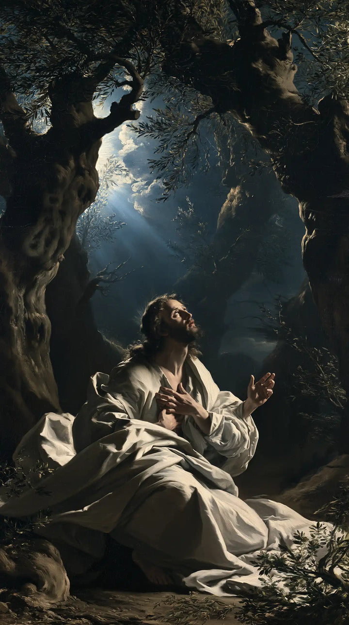 Jésus à Gethsémani — La Prière dans les plis d’argent sombre