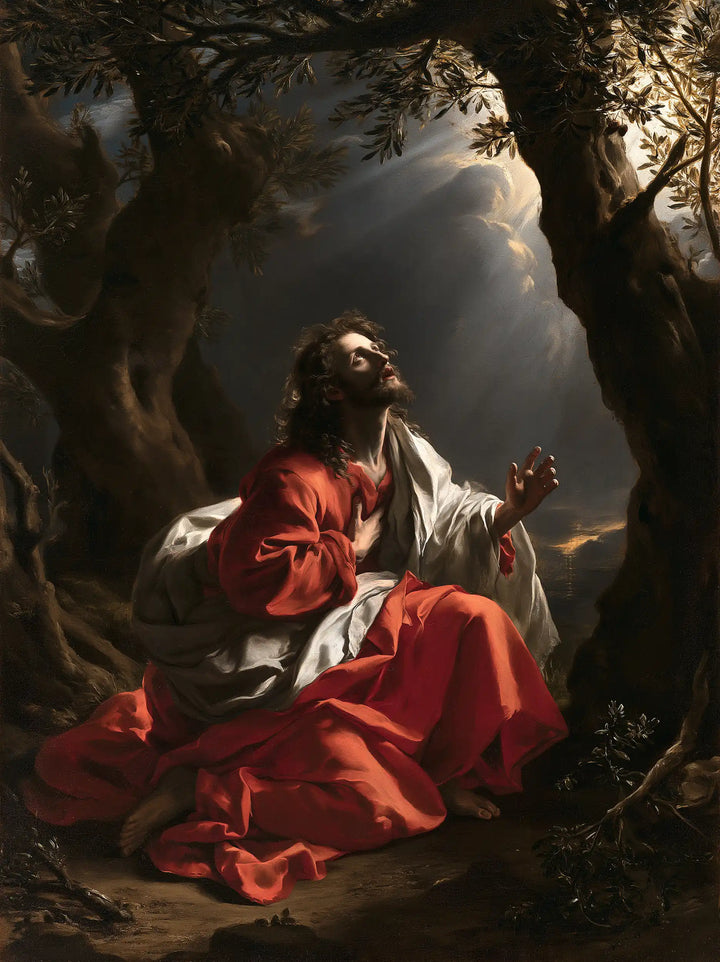 Jésus à Gethsémani — L’Élan dans les plis écarlates