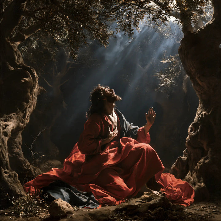 Jésus à Gethsémani — L’Écarlate sous la source de lumière
