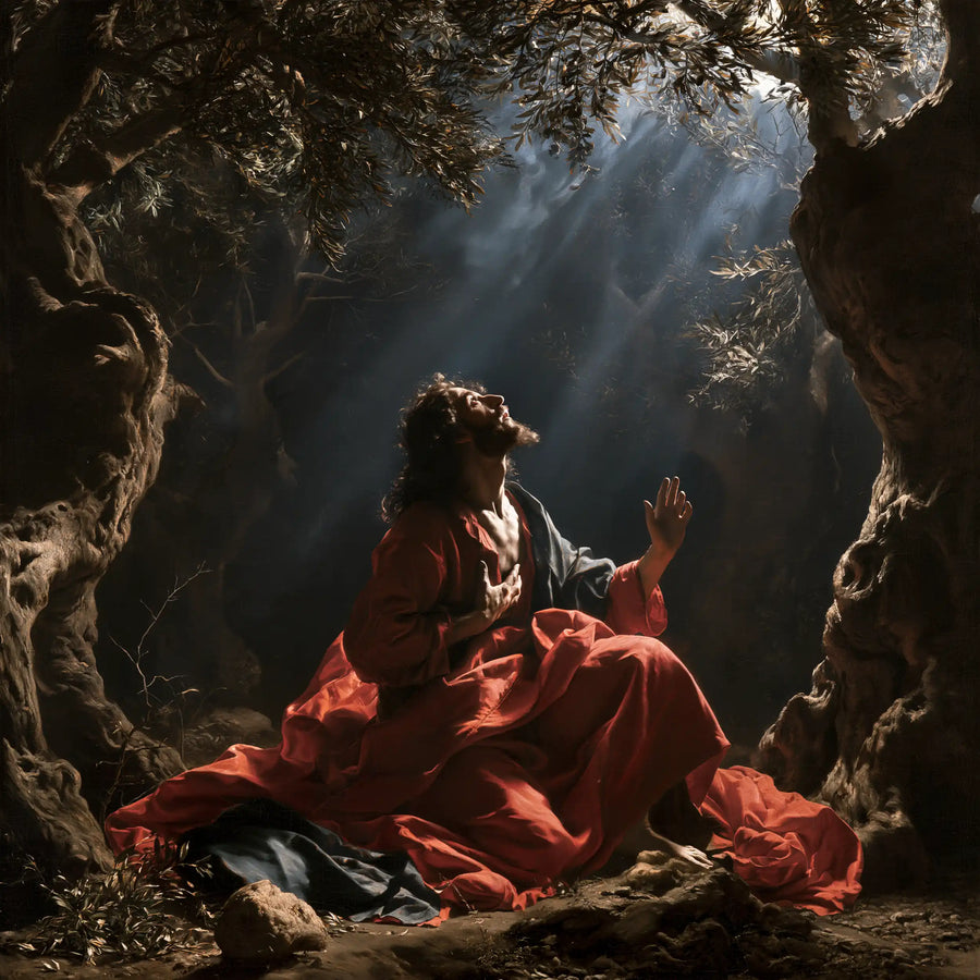 Jésus à Gethsémani — L’Écarlate sous la source de lumière