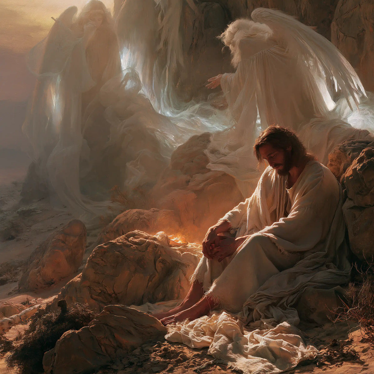 Jésus dans le désert — Les Mains réunies dans la lumière des pierres