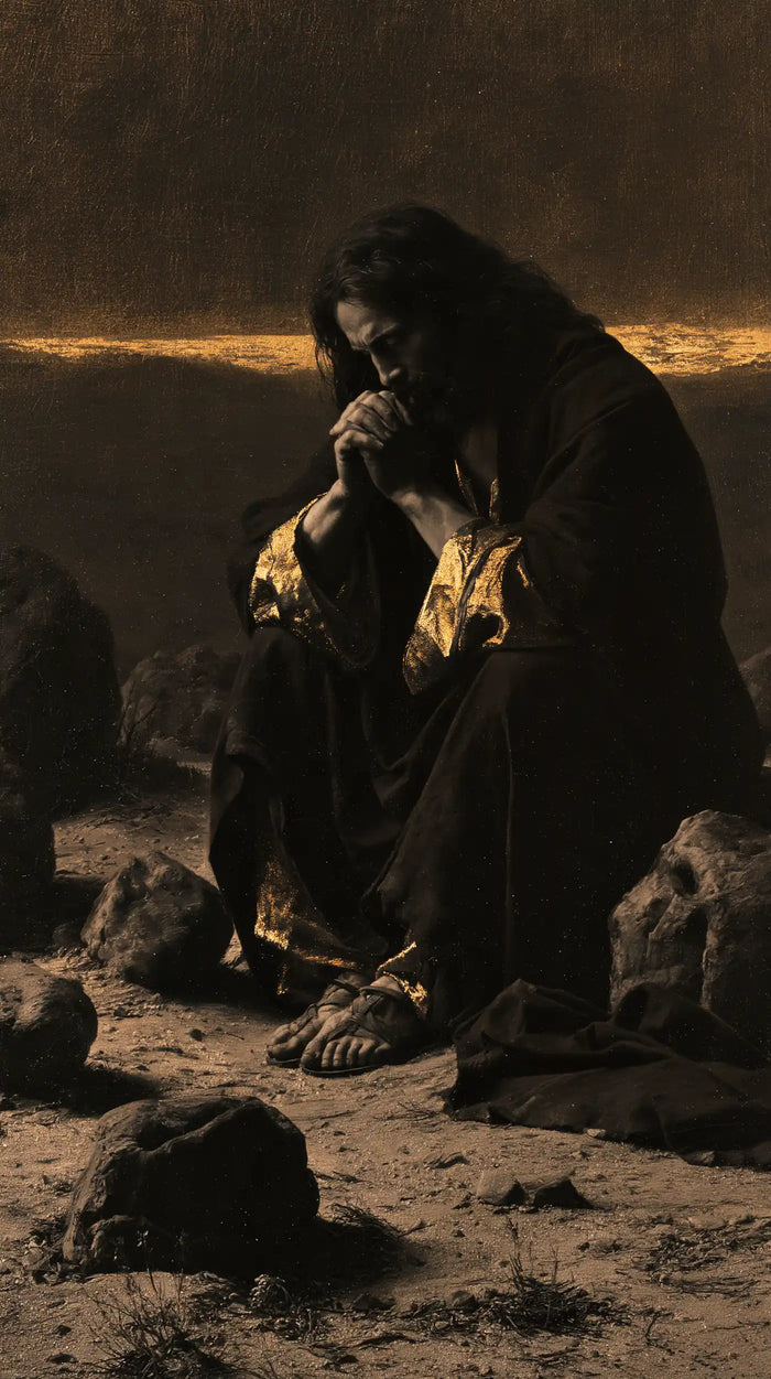 Jésus dans le désert — Les Mains jointes sous l’horizon de feu