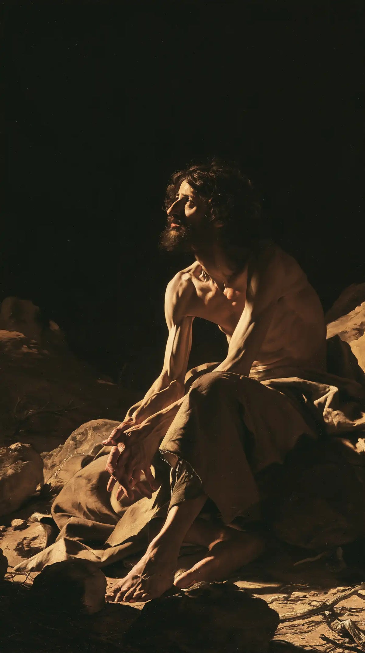Jesus in the desert during the temptation in Caravaggio Tenebrism style, portrait Christian artwork no. 13