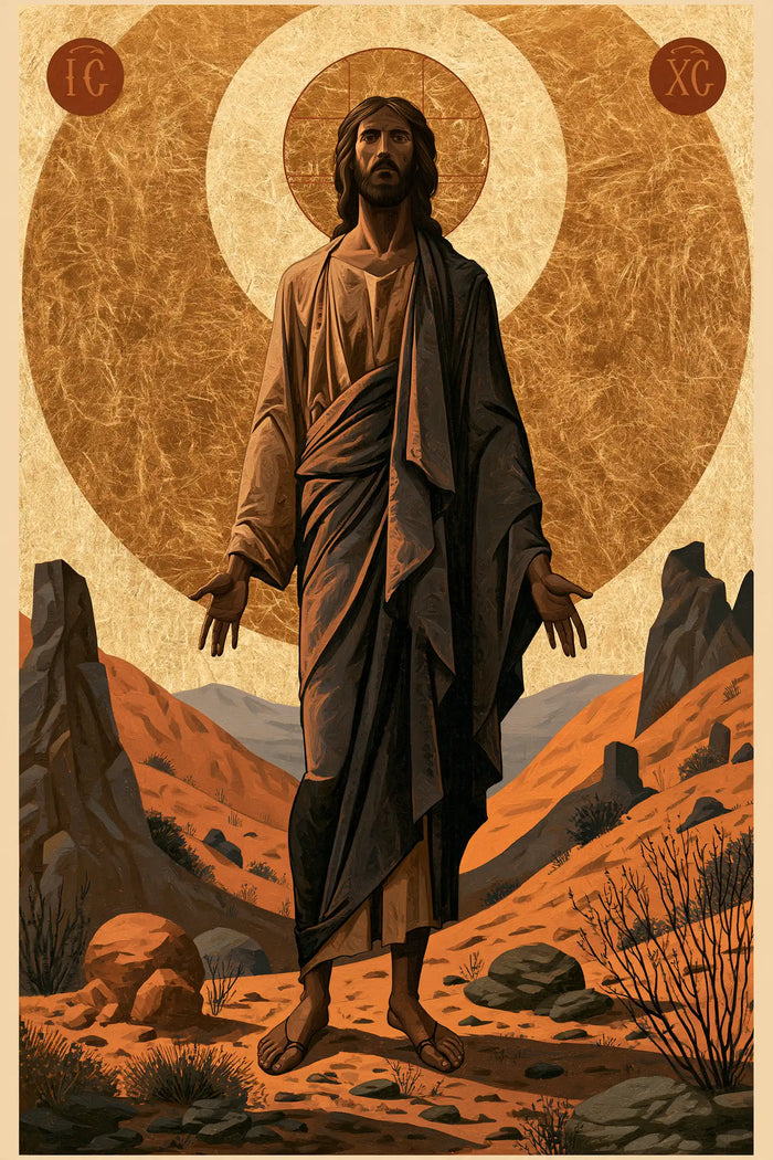 Jésus dans le désert — Les Mains ouvertes sous les cercles d’or