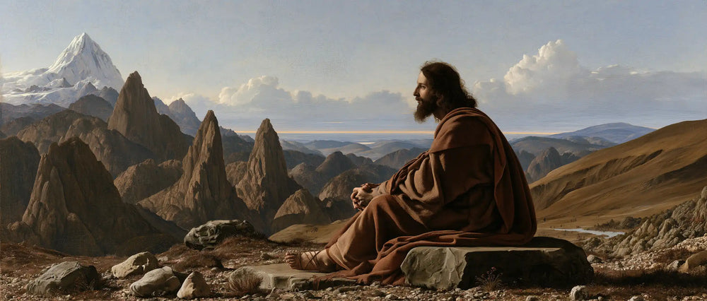 Jesus in the desert during the temptation in Florentine Renaissance style, landscape Christian artwork no. 28