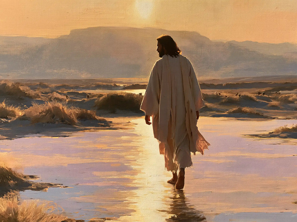 Jesus in the desert during the temptation in Impressionist style, landscape Christian artwork no. 8