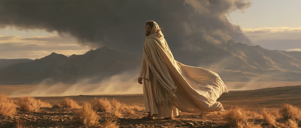 Jesus confronting an inner spiritual struggle in the desert in The Inner Struggle style, landscape Christian artwork no. 25