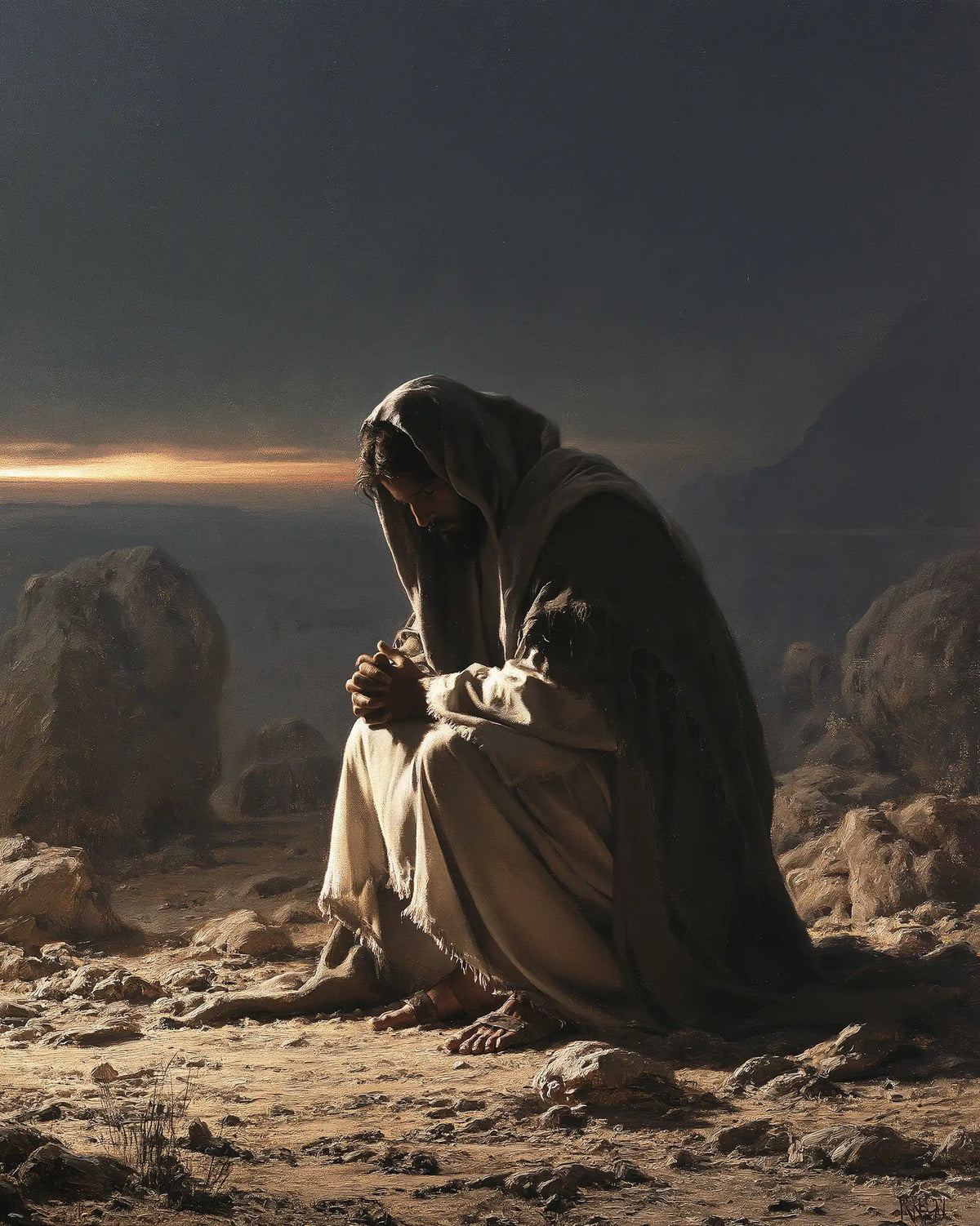 Jesus praying alone in the desert in Jesus in Prayer style, portrait Christian artwork no. 41