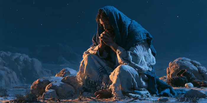 Jésus dans le désert — Le Bleu recueilli autour des mains