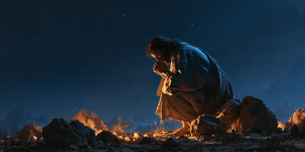 Jesus in the desert during the temptation in Midnight Blue Chiaroscuro style, landscape Christian artwork no. 20