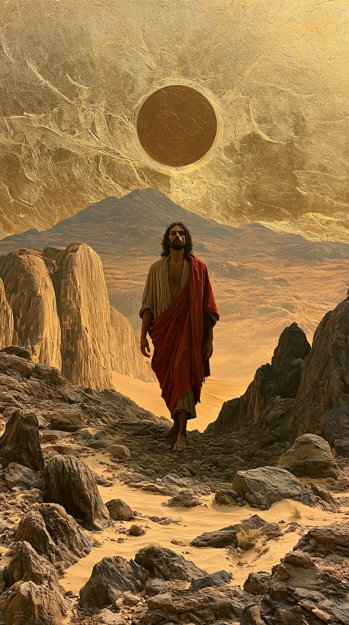 Jésus dans le désert — Le Manteau rouge sous le soleil voilé