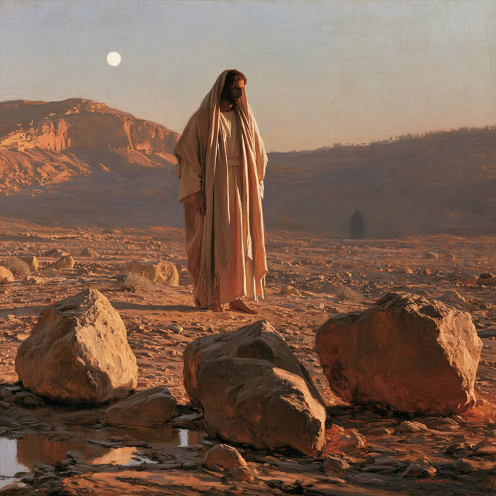 Jésus dans le désert — Le Voile rose devant les pierres du plateau