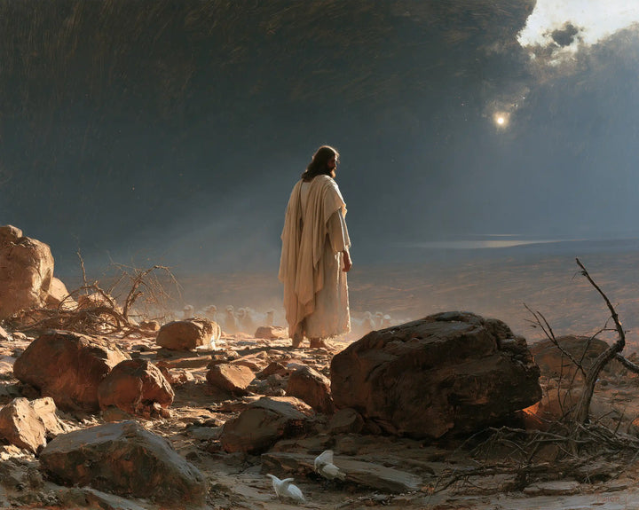 Jésus dans le désert — La Poussière d’or autour du pas immobile
