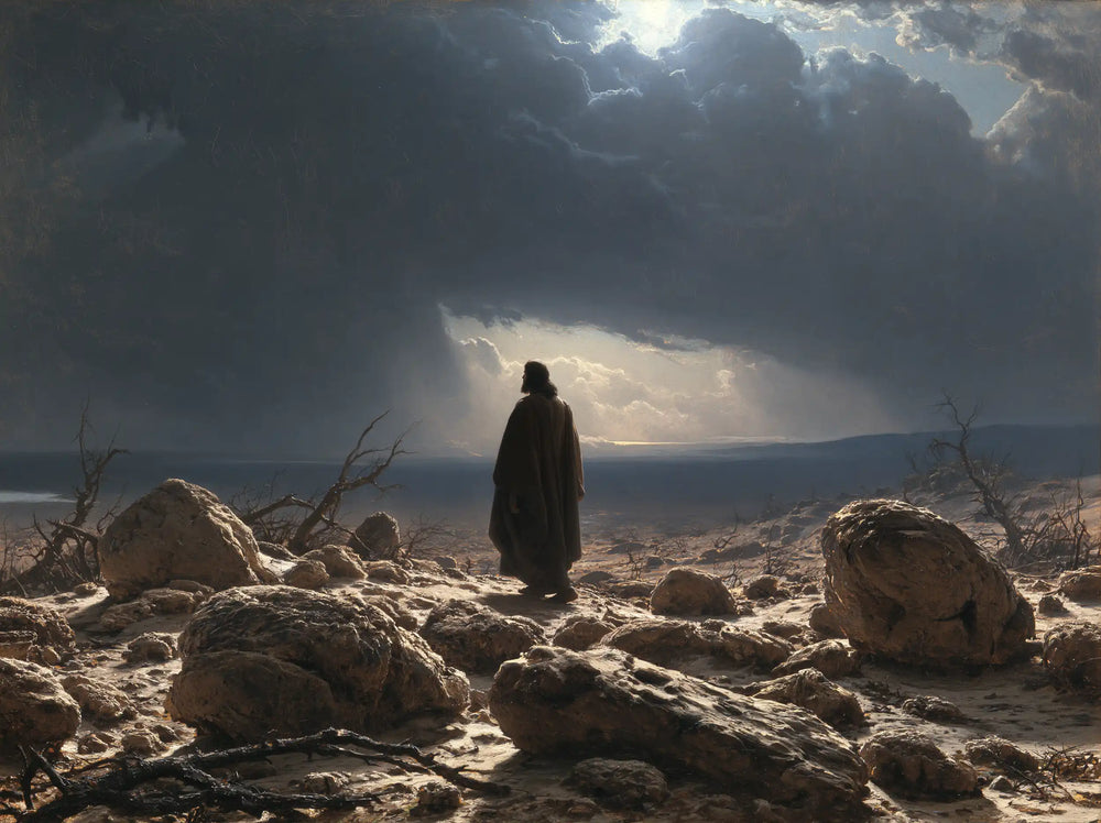 Jesus in the desert during the temptation in Symbolist style, landscape Christian artwork no. 10
