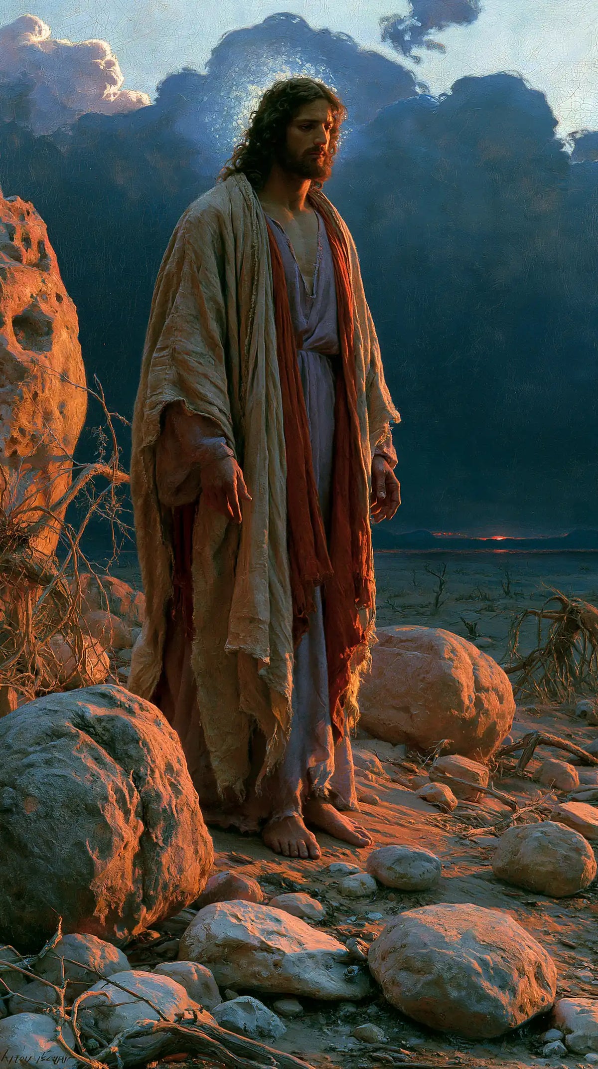 Jésus dans le désert — Les Reflets de cuivre sur le lin gris