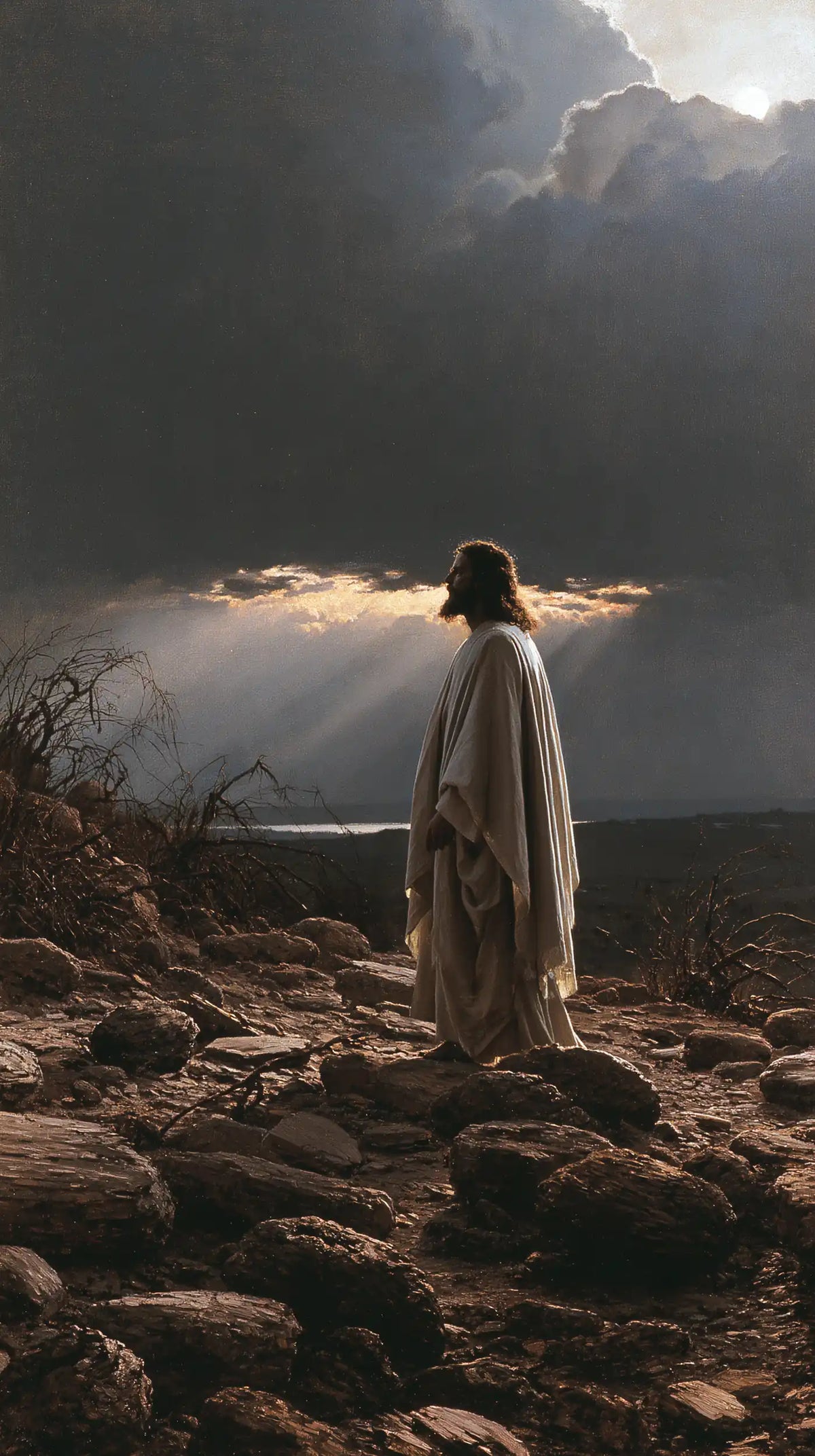 Jésus dans le désert — La Silhouette claire devant les rayons lointains