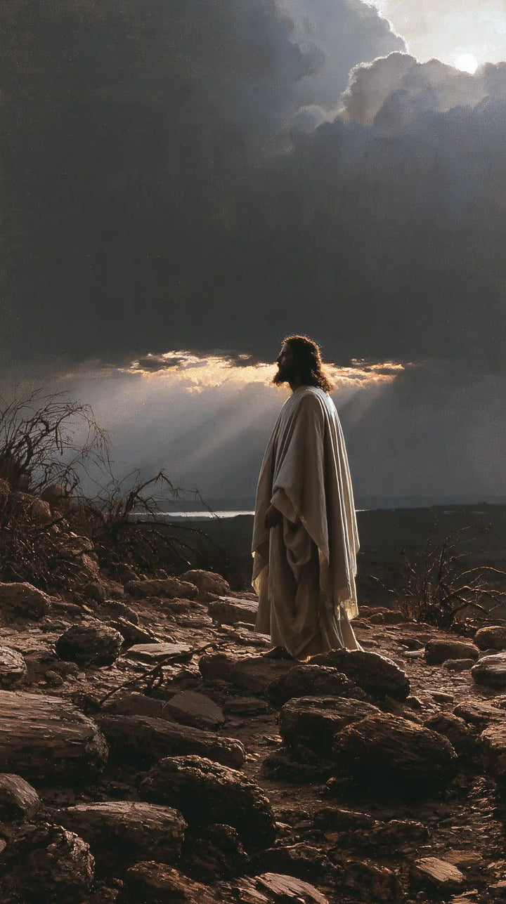 Jésus dans le désert — La Silhouette claire devant les rayons lointains