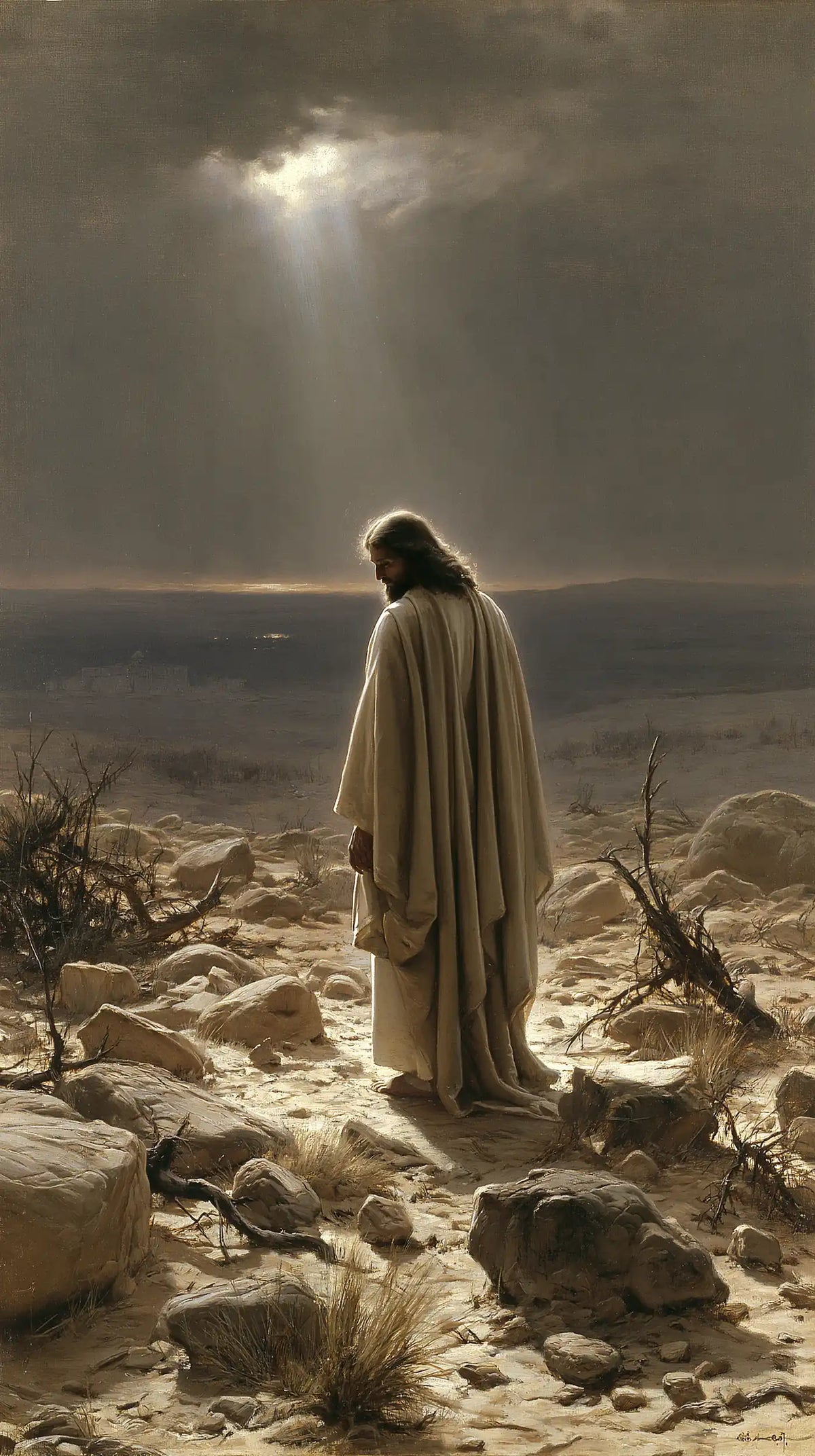 Jesus in the desert during the temptation in Symbolist style, portrait Christian artwork no. 18