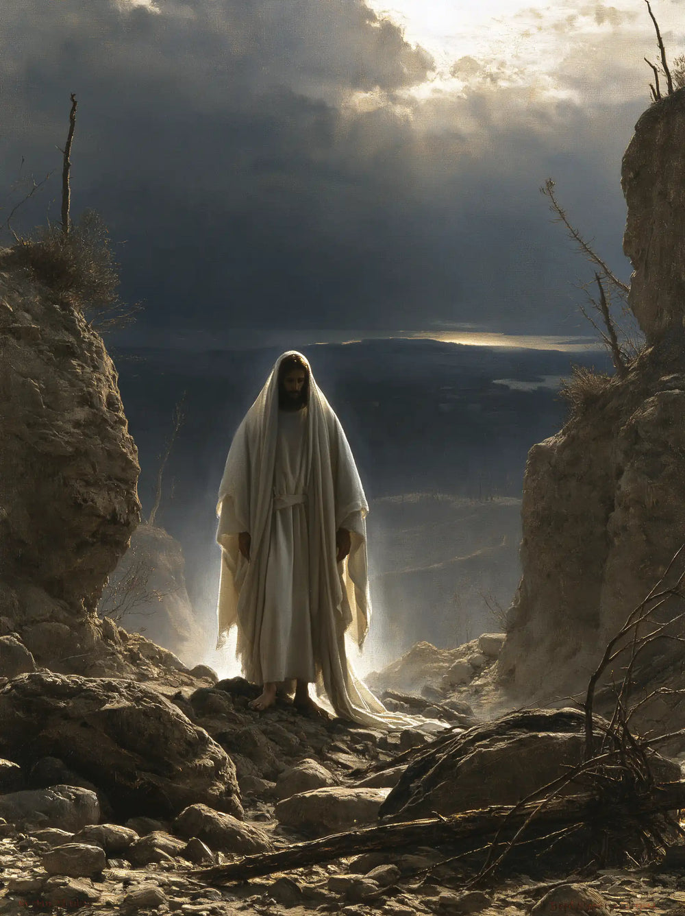 Jesus in the desert during the temptation in Symbolist style, portrait Christian artwork no. 30