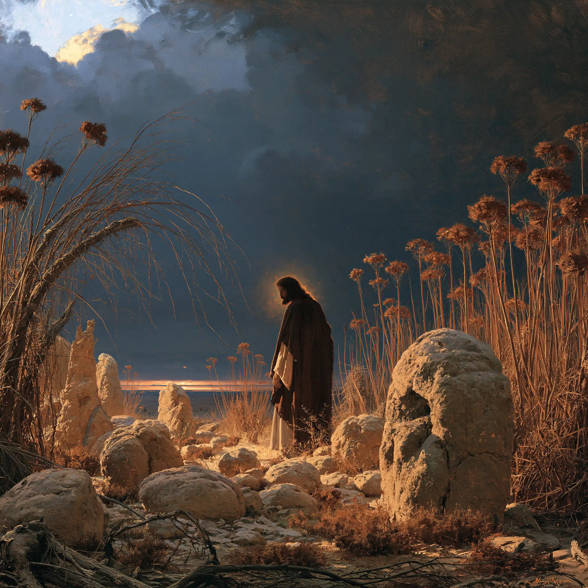 Jésus dans le désert — Les Hautes Tiges dans l’or du désert