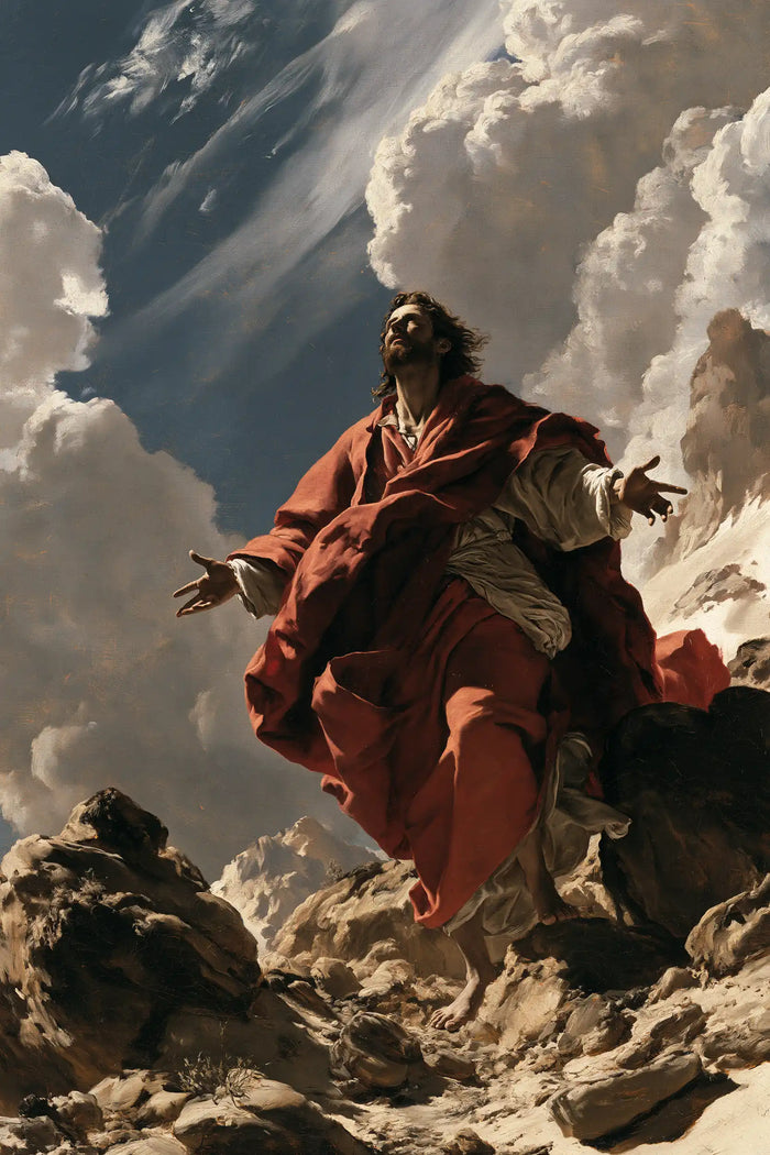 Jésus dans le désert — Les Paumes ouvertes dans les plis carmin