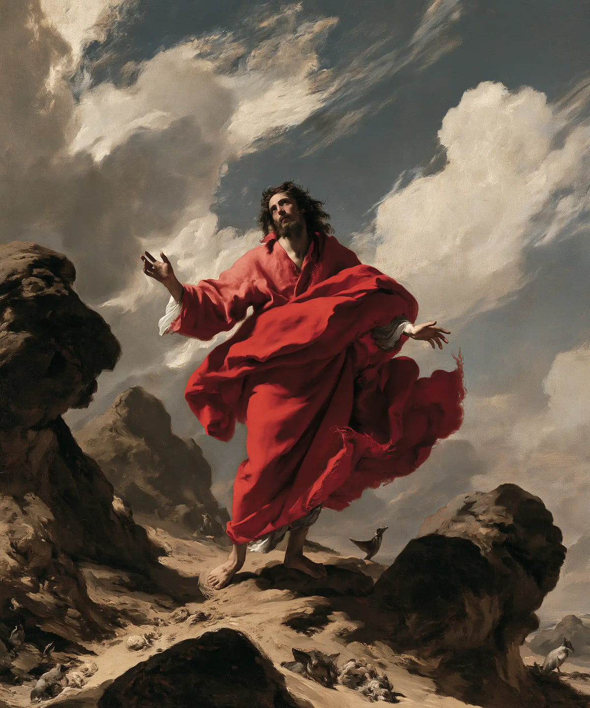 Jesus in the desert during the temptation in Theatrical Baroque style, portrait Christian artwork no. 42