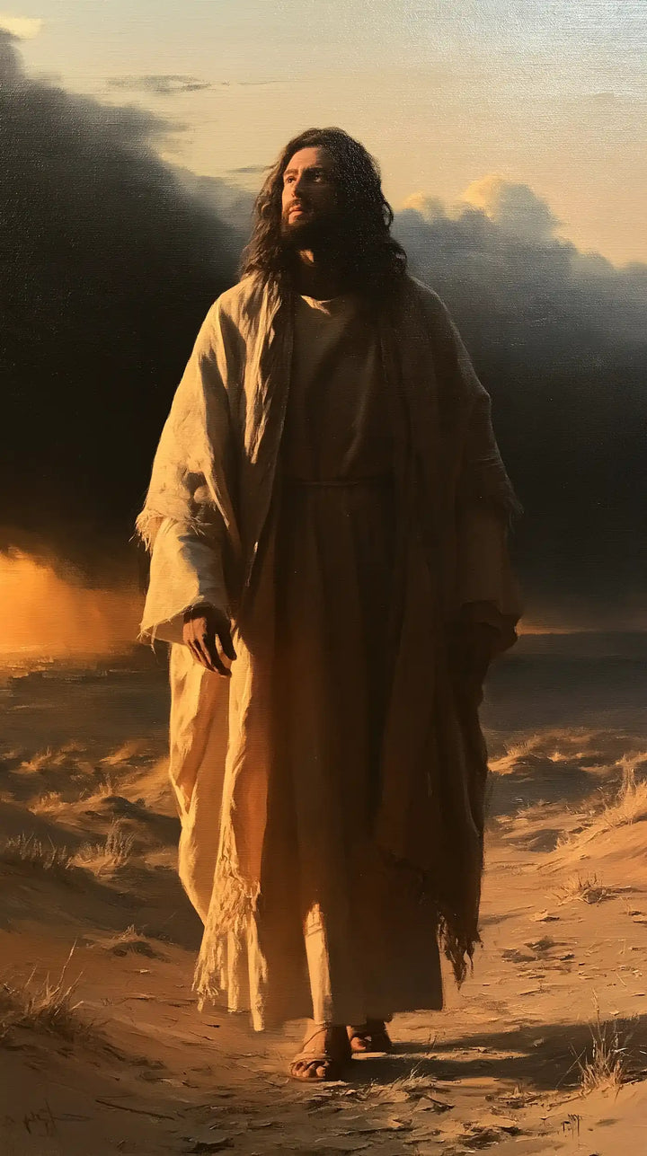 Jésus dans le désert — Le Visage apaisé dans l’or du sable