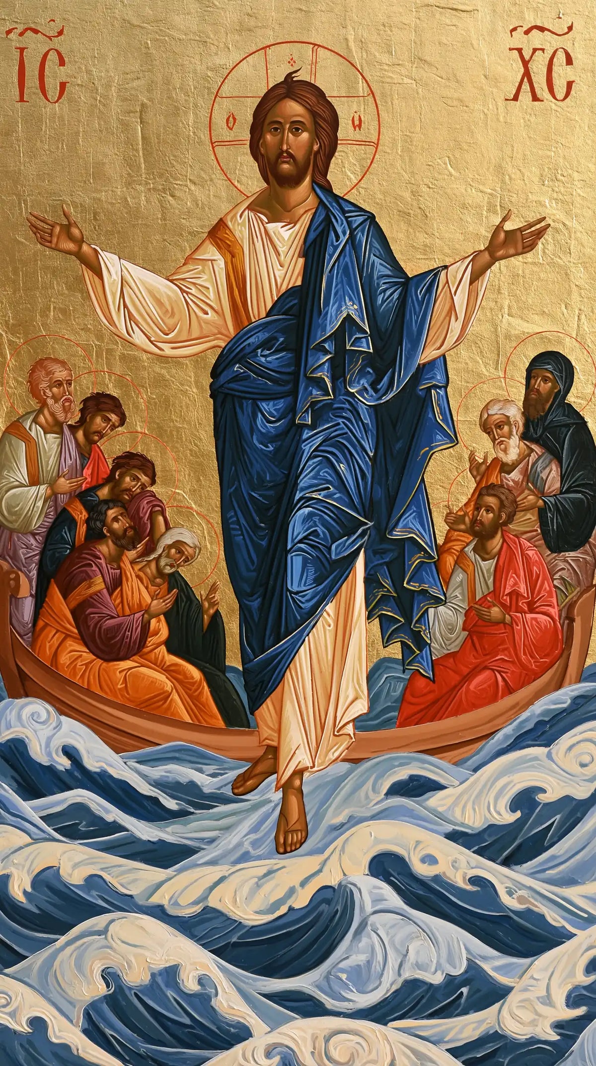 Jésus marchant sur l’eau — Le Geste ouvert sur la houle de perle