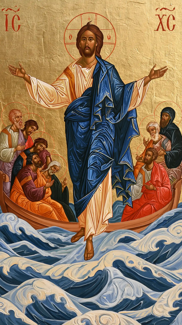 Jésus marchant sur l’eau — Le Geste ouvert sur la houle de perle