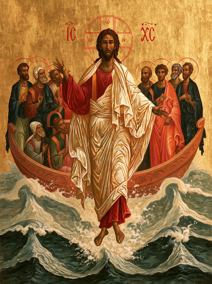 Jésus marchant sur l’eau — Le Blanc souverain devant la barque rouge