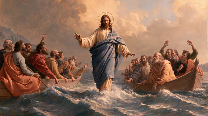 Jésus marchant sur l’eau — Le Cercle des mains sous le ciel rose