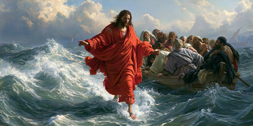 Jesus walking on water in Florentine Renaissance style, landscape Christian artwork no. 26