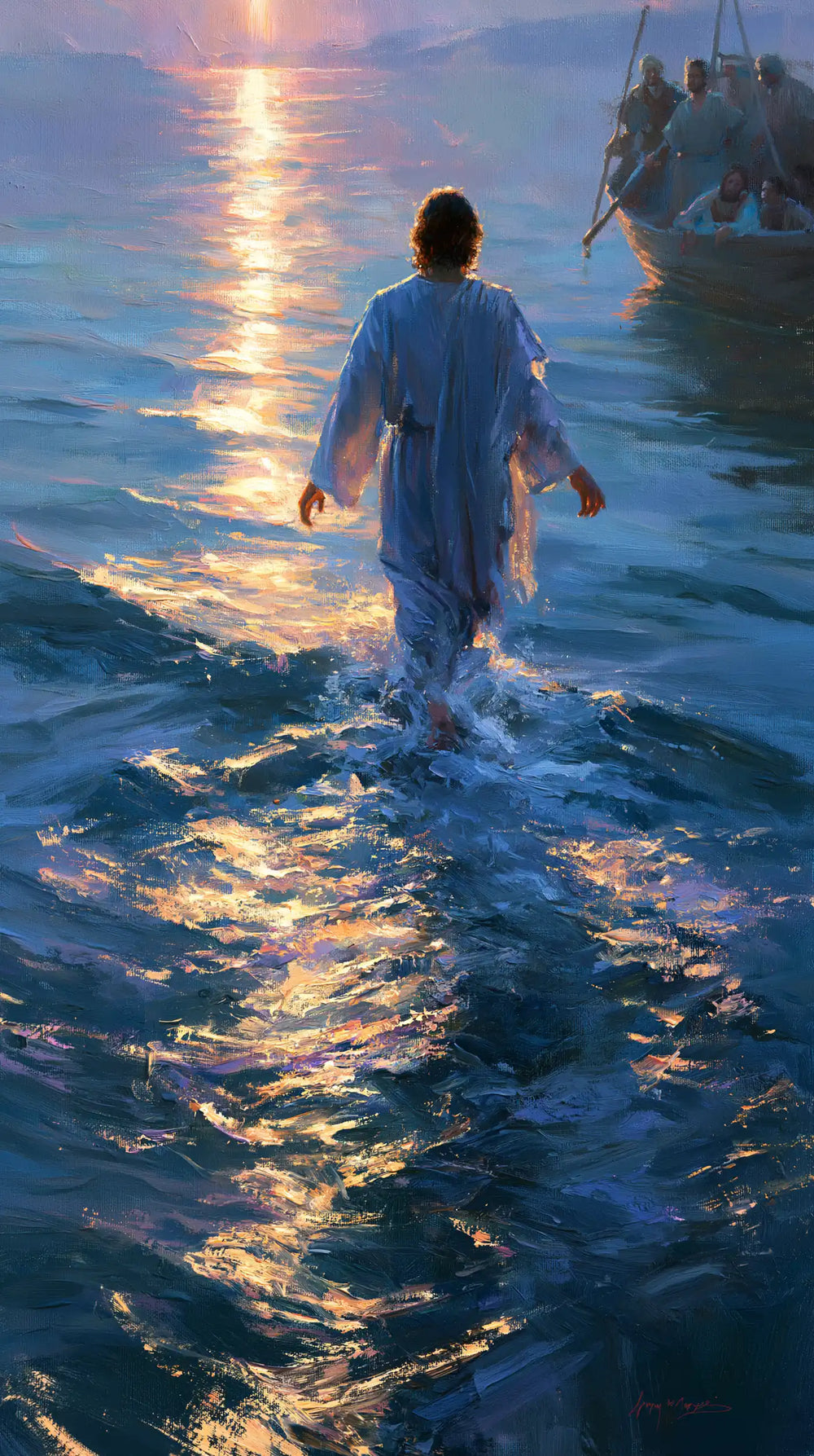 Jesus walking on water in Impressionist style, portrait Christian artwork no. 3