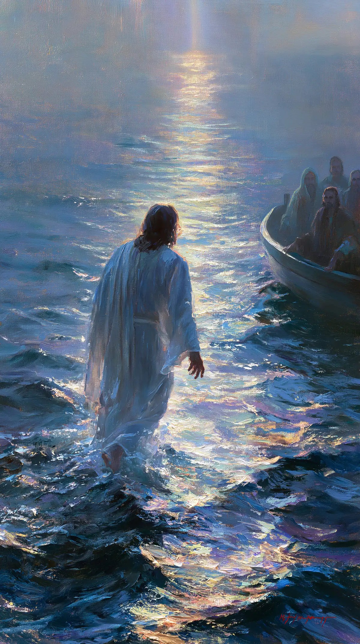 Jésus marchant sur l’eau — La Robe pâle près de la coque sombre