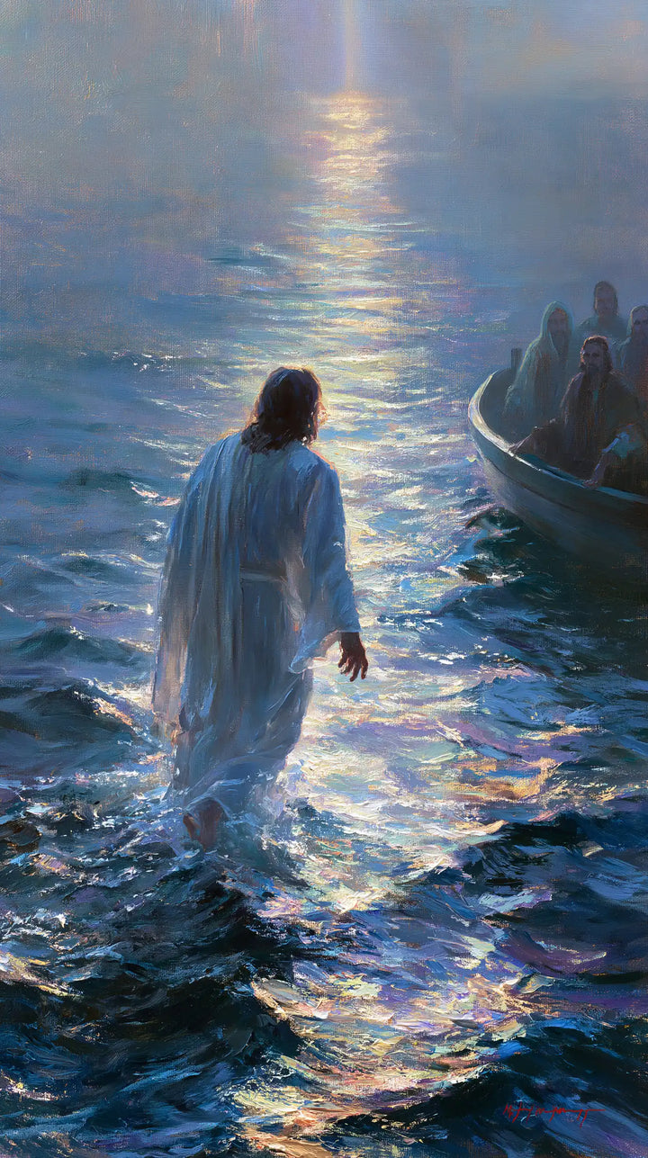 Jésus marchant sur l’eau — La Robe pâle près de la coque sombre