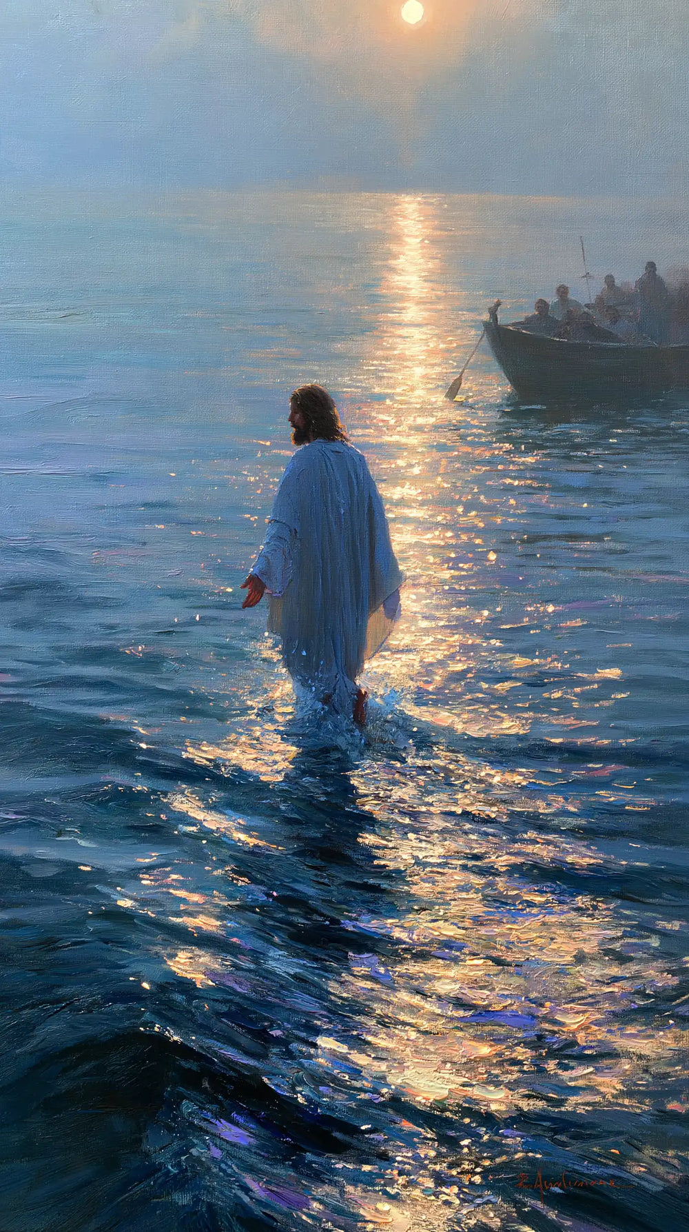Jesus walking on water in Impressionist style, portrait Christian artwork no. 14